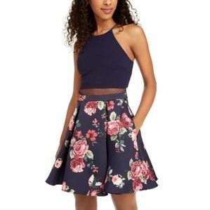 B DARLIN Floral Navy Blue Dress Sz S